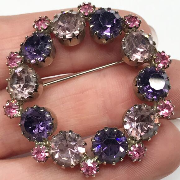 VTG Rhodium Plated Pastel Pink Purple Amethyst Brooch Rhinestones Silver Tone - Picture 6 of 12